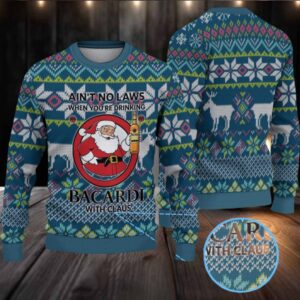Teal & Navy Fair Isle Reindeer Snowflake Bacardi “With Claus” Ugly Christmas Sweater