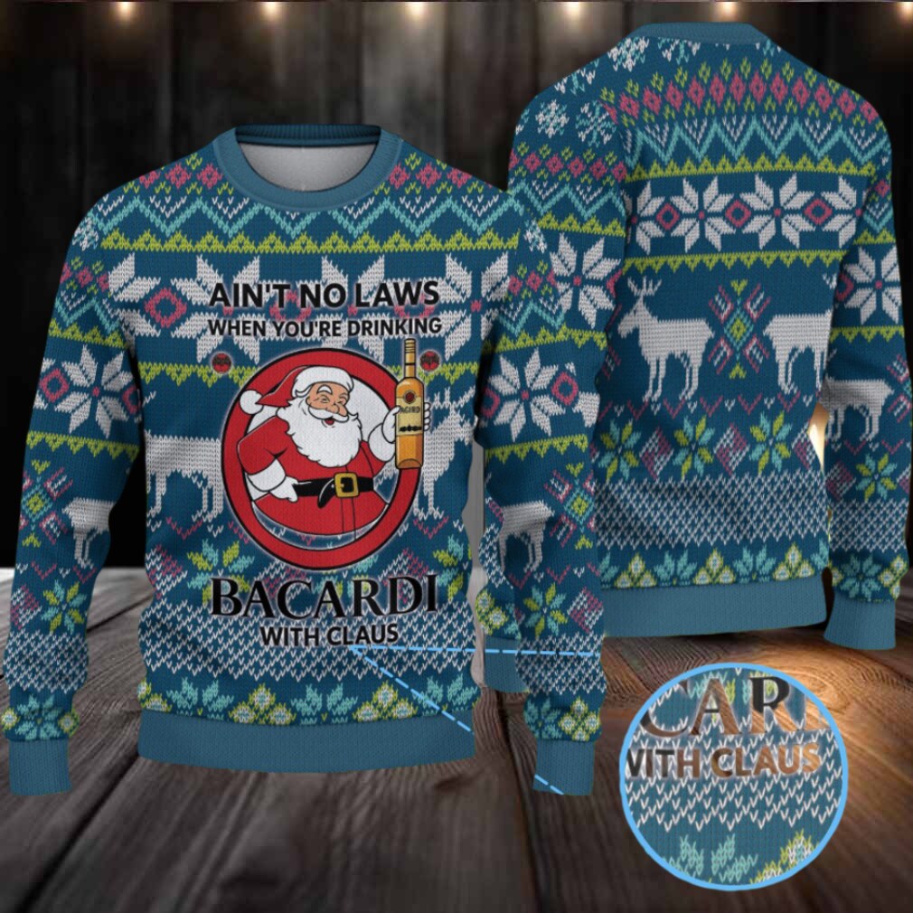 Teal & Navy Fair Isle Reindeer Snowflake Bacardi “With Claus” Ugly Christmas Sweater Teal & Navy Fair Isle Reindeer Snowflake Bacardi “With Claus” Ugly Christmas Sweater