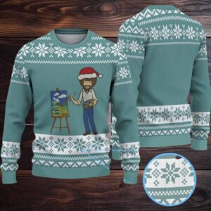 Teal & White Snowflake Pattern “Bob Ross Painting Happy Little Christmas” Ugly Christmas Sweater