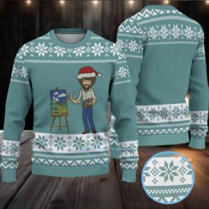 Teal & White Snowflake Pattern “Bob Ross Painting Happy Little Christmas” Ugly Christmas Sweater