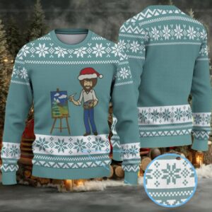 Teal & White Snowflake Pattern “Bob Ross Painting Happy Little Christmas” Ugly Christmas Sweater
