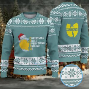 Teal and White Snowflake Knit “Wu Tang Clan Christmas Rules Everything Around Me” Ugly Christmas Sweater