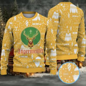 Mustard Yellow with White Holiday Icons Pattern Ugly Christmas Sweater Jagermeister Stag Logo