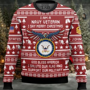 US Navy Veteran Merry Christmas – Custom Name And Rank Ugly Sweater