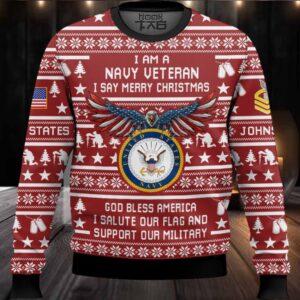 US Navy Veteran Merry Christmas – Custom Name And Rank Ugly Sweater