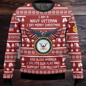 US Navy Veteran Merry Christmas – Custom Name And Rank Ugly Sweater