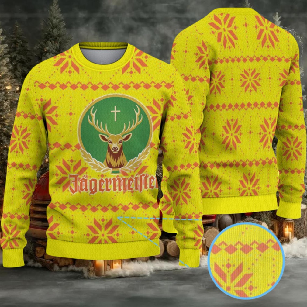 Neon Yellow with Orange Snowflake and Diamond Pattern Ugly Christmas Sweater Jagermeister Stag Logo Neon Yellow with Orange Snowflake and Diamond Pattern Ugly Christmas Sweater Jagermeister Stag Logo