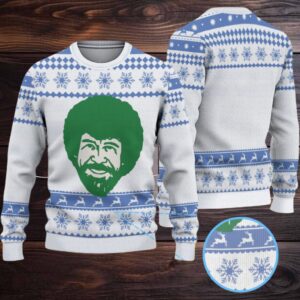White & Blue Snowflake Reindeer Pattern “Bob Ross Winter Wonder” Ugly Christmas Sweater