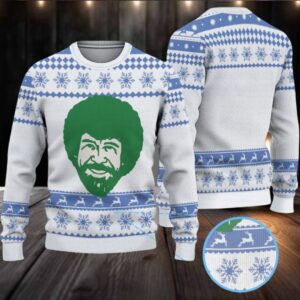 White & Blue Snowflake Reindeer Pattern “Bob Ross Winter Wonder” Ugly Christmas Sweater