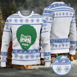White & Blue Snowflake Reindeer Pattern “Bob Ross Winter Wonder” Ugly Christmas Sweater