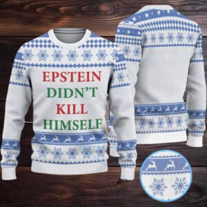 White & Blue Snowflake Reindeer Pattern “Epstein Didn’t Kill Himself” Ugly Christmas Sweater