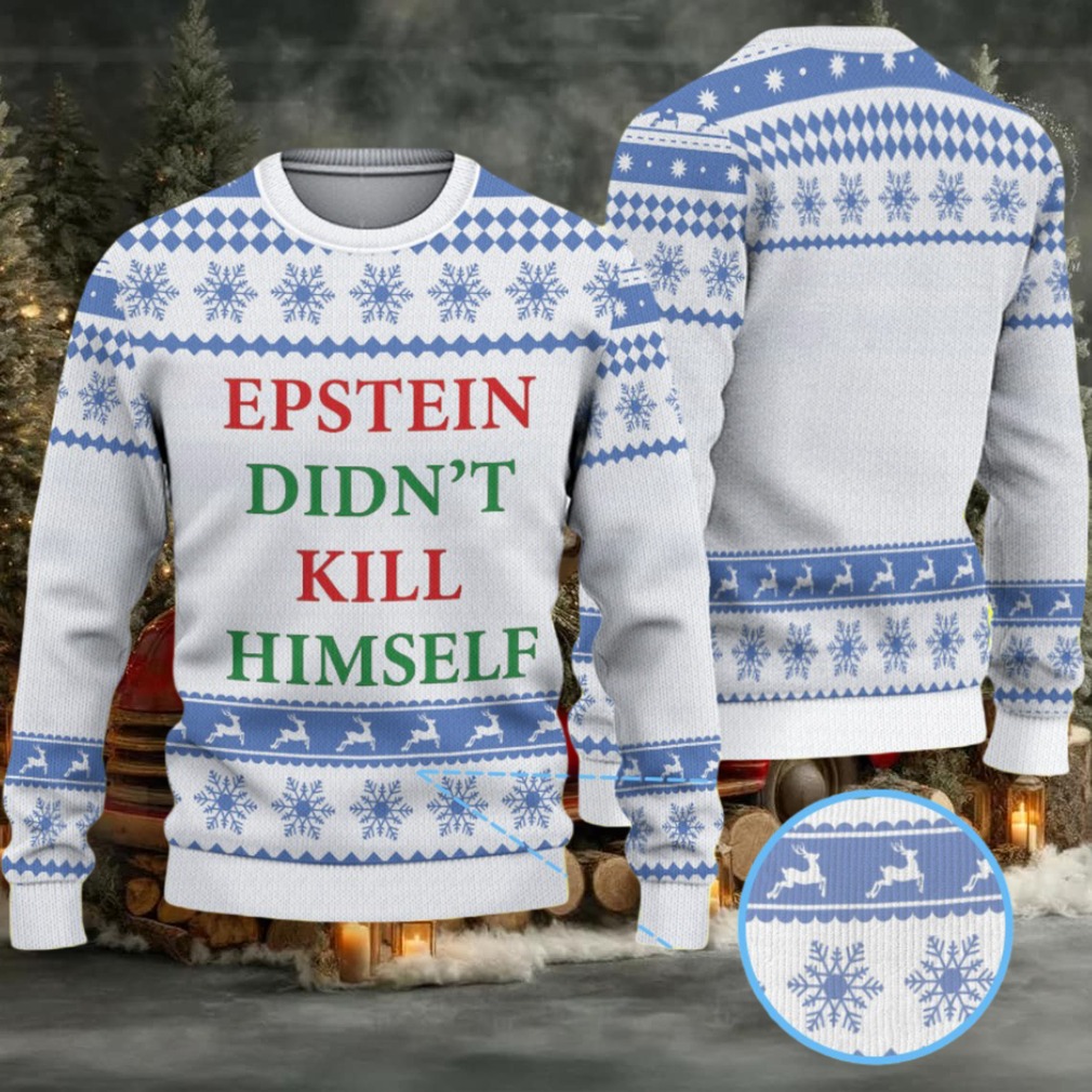 White & Blue Snowflake Reindeer Pattern “Epstein Didn’t Kill Himself” Ugly Christmas Sweater White & Blue Snowflake Reindeer Pattern “Epstein Didn’t Kill Himself” Ugly Christmas Sweater
