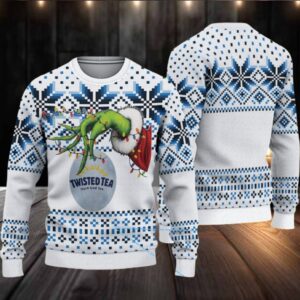White Blue Twisted Tea Grinch Hand Snowflake Pattern Ugly Sweater
