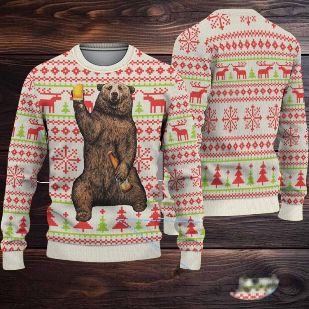 White Coors Banquet Drinking Bear and Reindeer Christmas Pattern Ugly Sweater White Coors Banquet Drinking Bear and Reindeer Christmas Pattern Ugly Sweater
