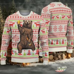 White Coors Banquet Drinking Bear and Reindeer Christmas Pattern Ugly Sweater