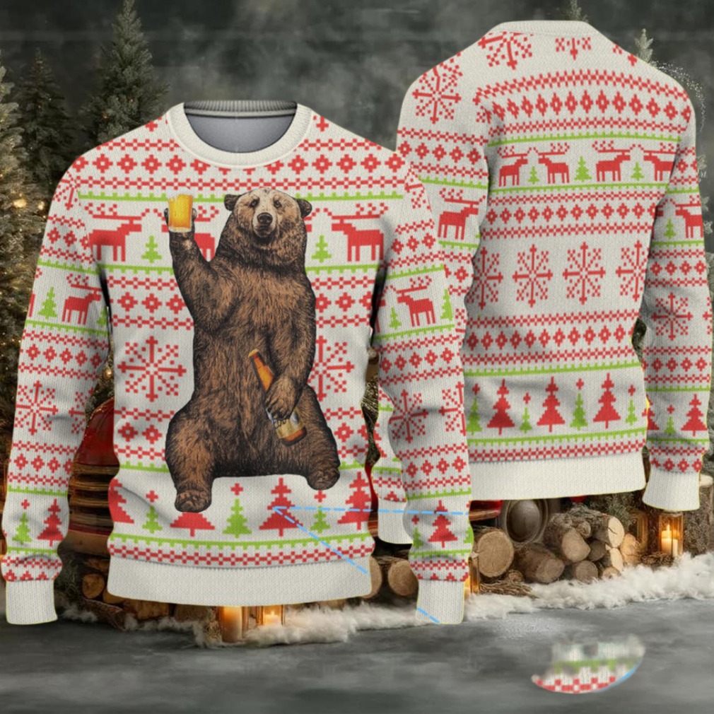White Coors Banquet Drinking Bear and Reindeer Christmas Pattern Ugly Sweater White Coors Banquet Drinking Bear and Reindeer Christmas Pattern Ugly Sweater