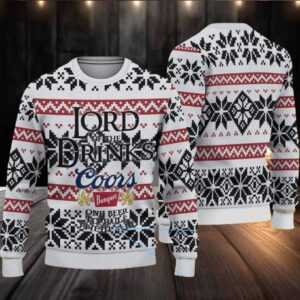 White Coors Banquet “Lord of the Drinks” Snowflake Pattern Ugly Sweater