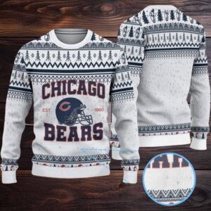 White & Navy Blue Nordic Pattern “Chicago Bears Helmet Logo” Ugly Christmas Sweater