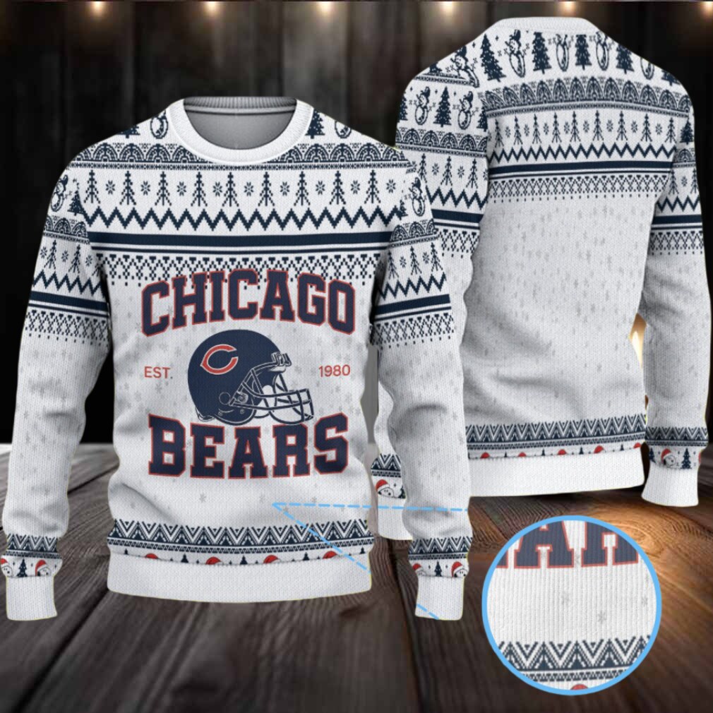 White & Navy Blue Nordic Pattern “Chicago Bears Helmet Logo” Ugly Christmas Sweater White & Navy Blue Nordic Pattern “Chicago Bears Helmet Logo” Ugly Christmas Sweater