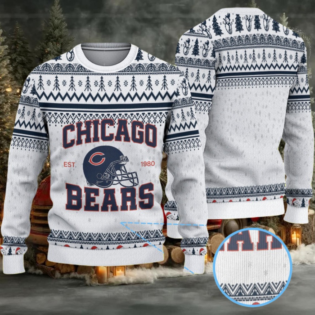 White & Navy Blue Nordic Pattern “Chicago Bears Helmet Logo” Ugly Christmas Sweater White & Navy Blue Nordic Pattern “Chicago Bears Helmet Logo” Ugly Christmas Sweater