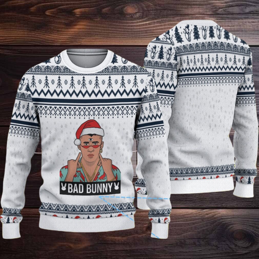 White & Navy Geometric Pattern “Bad Bunny Holiday Vibes” Ugly Christmas Sweater White & Navy Geometric Pattern “Bad Bunny Holiday Vibes” Ugly Christmas Sweater