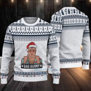 White & Navy Geometric Pattern “Bad Bunny Holiday Vibes” Ugly Christmas Sweater