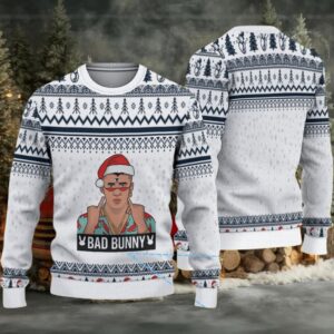 White & Navy Geometric Pattern “Bad Bunny Holiday Vibes” Ugly Christmas Sweater