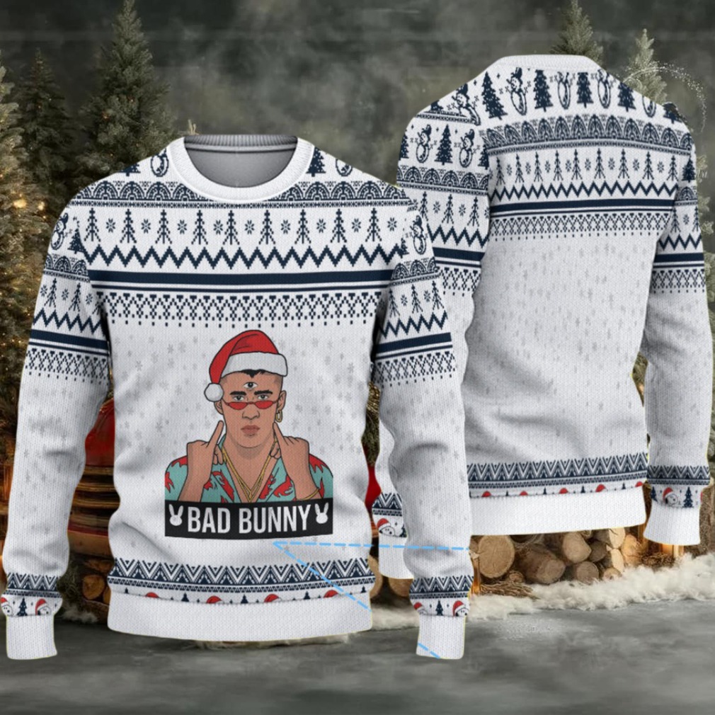 White & Navy Geometric Pattern “Bad Bunny Holiday Vibes” Ugly Christmas Sweater White & Navy Geometric Pattern “Bad Bunny Holiday Vibes” Ugly Christmas Sweater
