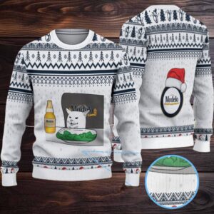 White & Navy Geometric Pattern “Modelo Beer Meme Cat Edition” Ugly Christmas Sweater