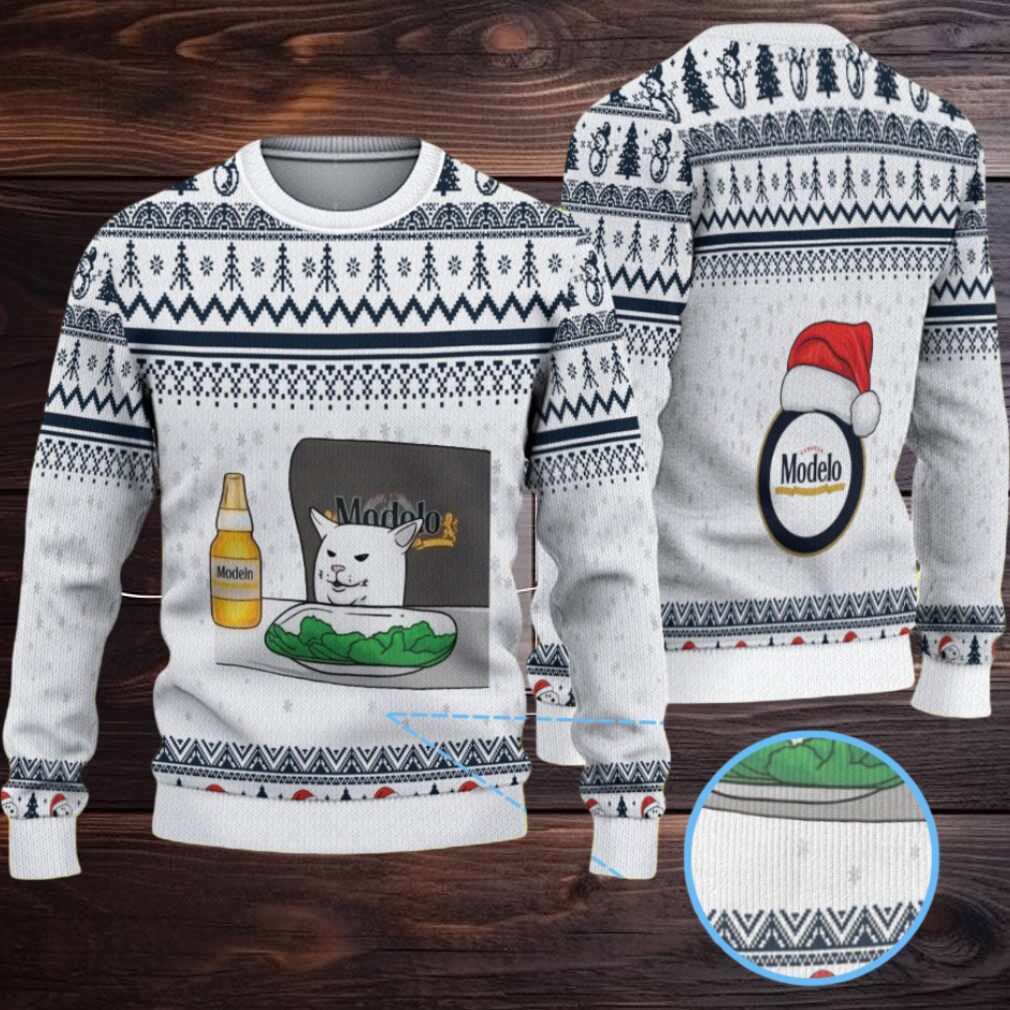 White & Navy Geometric Pattern “Modelo Beer Meme Cat Edition” Ugly Christmas Sweater White & Navy Geometric Pattern “Modelo Beer Meme Cat Edition” Ugly Christmas Sweater
