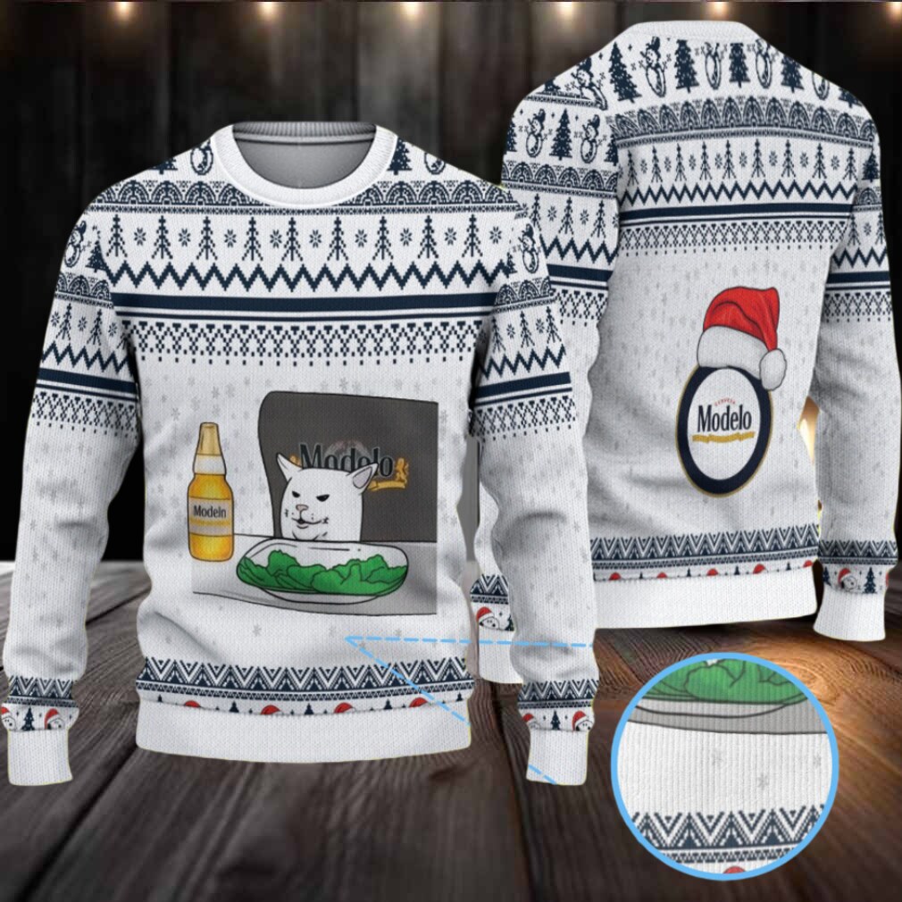 White & Navy Geometric Pattern “Modelo Beer Meme Cat Edition” Ugly Christmas Sweater White & Navy Geometric Pattern “Modelo Beer Meme Cat Edition” Ugly Christmas Sweater
