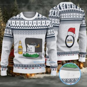 White & Navy Geometric Pattern “Modelo Beer Meme Cat Edition” Ugly Christmas Sweater