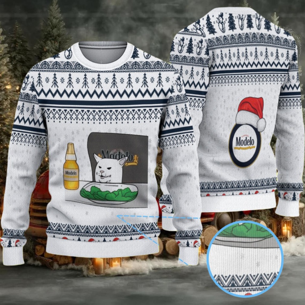 White & Navy Geometric Pattern “Modelo Beer Meme Cat Edition” Ugly Christmas Sweater White & Navy Geometric Pattern “Modelo Beer Meme Cat Edition” Ugly Christmas Sweater