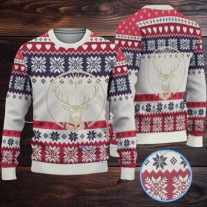 White Navy Red Fair Isle Snowflake and Heart Ugly Christmas Sweater Jagermeister Stag Logo