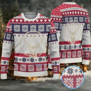 White Navy Red Fair Isle Snowflake and Heart Ugly Christmas Sweater Jagermeister Stag Logo