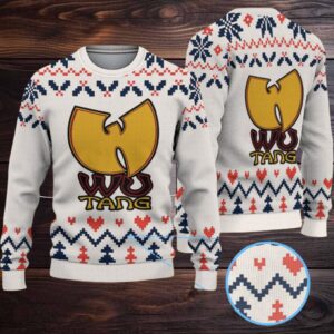 White, Navy & Red Geometric Knit “Wu Tang Clan Yellow Logo” Ugly Christmas Sweater