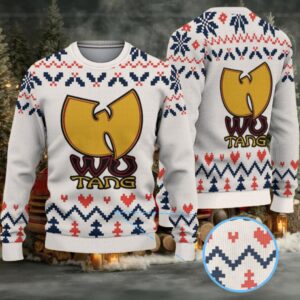 White, Navy & Red Geometric Knit “Wu Tang Clan Yellow Logo” Ugly Christmas Sweater