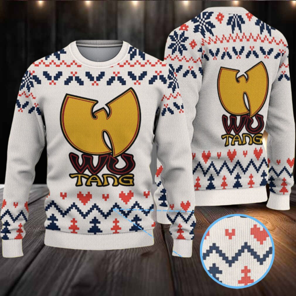 White, Navy & Red Geometric Knit “Wu Tang Clan Yellow Logo” Ugly Christmas Sweater White, Navy & Red Geometric Knit “Wu Tang Clan Yellow Logo” Ugly Christmas Sweater