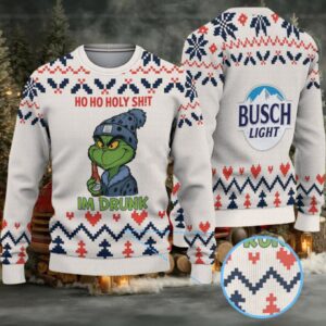 White, Navy & Red Zigzag Heart Pattern “Busch Light Grinch Drunk” Ugly Christmas Sweater