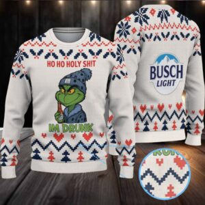 White, Navy & Red Zigzag Heart Pattern “Busch Light Grinch Drunk” Ugly Christmas Sweater