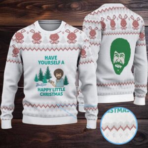 White & Red Candy Cane Pattern “Bob Ross Have Yourself a Happy Little Christmas” Ugly Christmas Sweater