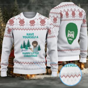 White & Red Candy Cane Pattern “Bob Ross Have Yourself a Happy Little Christmas” Ugly Christmas Sweater