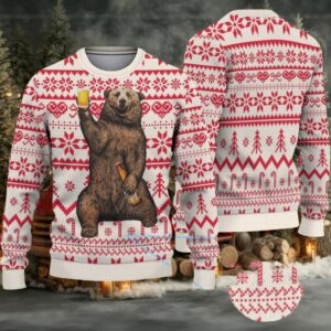 White Red Coors Banquet Drinking Bear Christmas Pattern Ugly Sweater