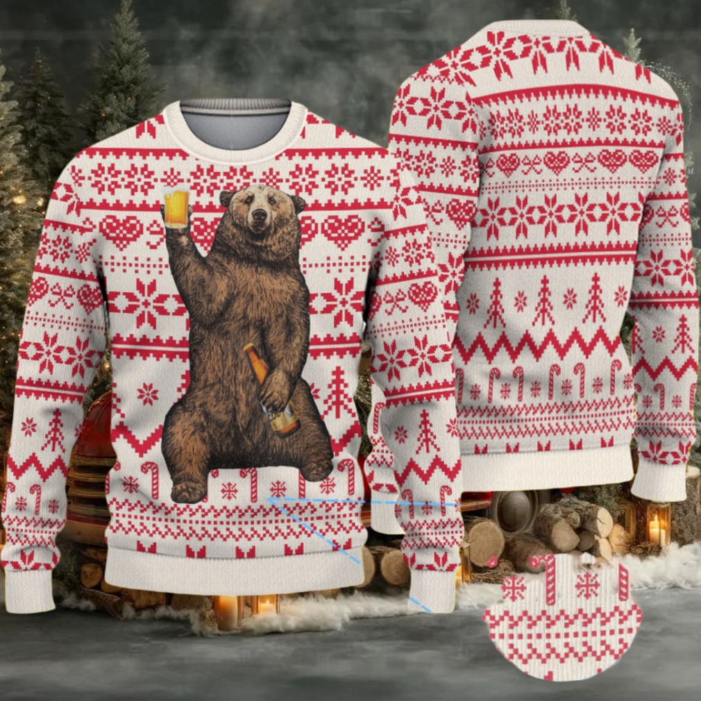 White Red Coors Banquet Drinking Bear Christmas Pattern Ugly Sweater White Red Coors Banquet Drinking Bear Christmas Pattern Ugly Sweater