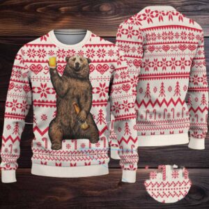 White Red Coors Banquet Drinking Bear Christmas Pattern Ugly Sweater