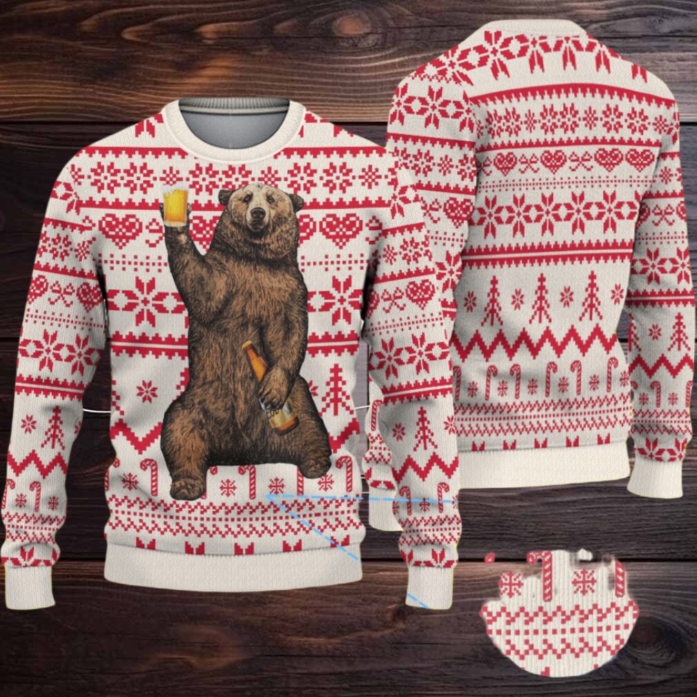 White Red Coors Banquet Drinking Bear Christmas Pattern Ugly Sweater White Red Coors Banquet Drinking Bear Christmas Pattern Ugly Sweater