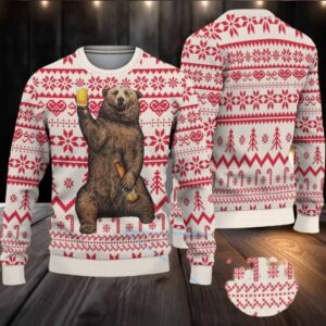 White Red Coors Banquet Drinking Bear Christmas Pattern Ugly Sweater