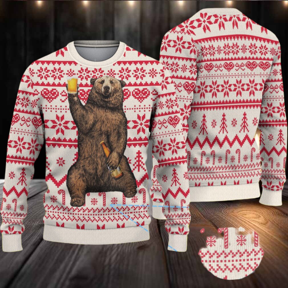 White Red Coors Banquet Drinking Bear Christmas Pattern Ugly Sweater White Red Coors Banquet Drinking Bear Christmas Pattern Ugly Sweater