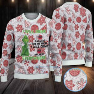 White & Red Gingerbread Cookie Snowflake Bacardi Ugly Christmas Sweater