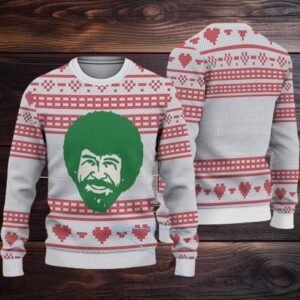 White & Red Heart Pattern “Bob Ross Joyful Holiday” Ugly Christmas Sweater White & Red Heart Pattern “Bob Ross Joyful Holiday” Ugly Christmas Sweater